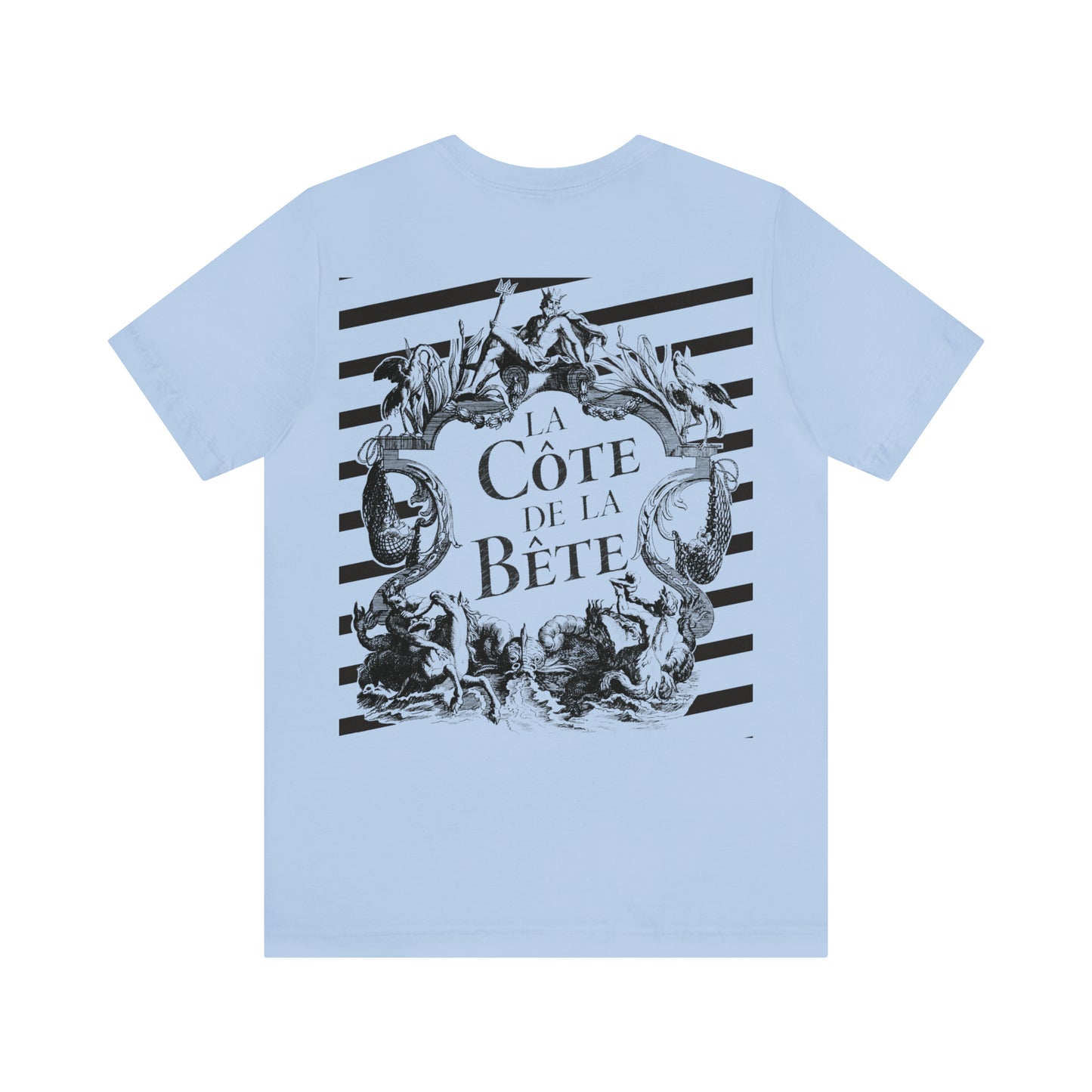 La Cote De La Bete (French: "Beast Coast") Large Back Print, Heron Stripes Front Print Tee